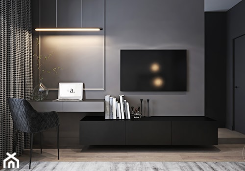 Mieszkanie z bordowym akcentem - Duża czarna z biurkiem sypialnia, styl nowoczesny - zdjęcie od Ambience. Interior design