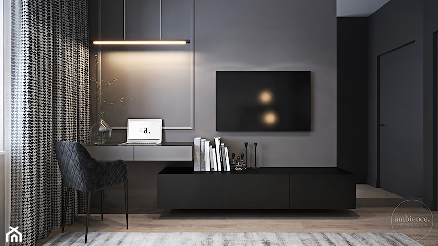 Mieszkanie z bordowym akcentem - Duża czarna z biurkiem sypialnia, styl nowoczesny - zdjęcie od Ambience. Interior design