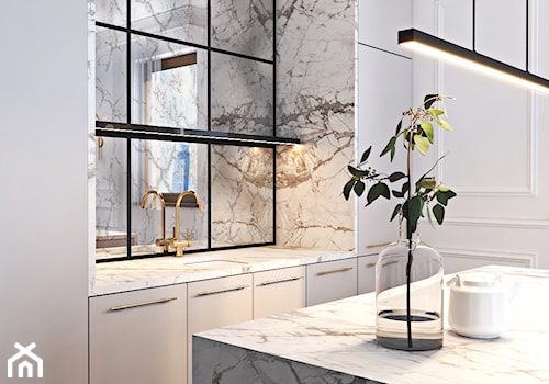 Warszawski apartament - Średnia otwarta z salonem biała z zabudowaną lodówką z podblatowym zlewozmywakiem kuchnia jednorzędowa z wyspą lub półwyspem z oknem, styl nowoczesny - zdjęcie od Ambience. Interior design