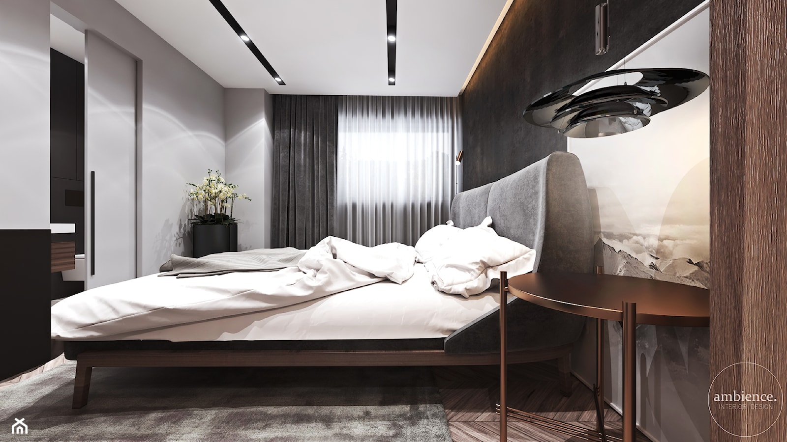 Apartament w Londynie - strefa nocna - Średnia szara sypialnia z łazienką, styl nowoczesny - zdjęcie od Ambience. Interior design - Homebook