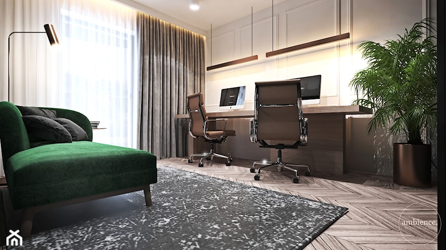 Apartament w Londynie - strefa dzienna - Średnie w osobnym pomieszczeniu z sofą z zabudowanym biurkiem białe biuro, styl nowoczesny - zdjęcie od Ambience. Interior design