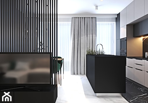 Mieszkanie w kolorze kaszmiru - Średnia otwarta biała czarna z zabudowaną lodówką z nablatowym zlewozmywakiem kuchnia jednorzędowa z wyspą lub półwyspem z oknem, styl nowoczesny - zdjęcie od Ambience. Interior design