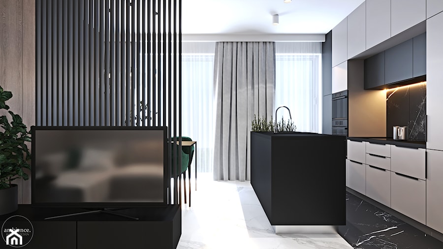 Mieszkanie w kolorze kaszmiru - Średnia otwarta biała czarna z zabudowaną lodówką z nablatowym zlewozmywakiem kuchnia jednorzędowa z wyspą lub półwyspem z oknem, styl nowoczesny - zdjęcie od Ambience. Interior design