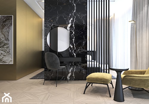 Luksusowy apartament dla singla - Średnia czarna żółta sypialnia, styl nowoczesny - zdjęcie od Ambience. Interior design