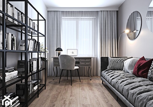 Mieszkanie z bordowym akcentem - Średnie w osobnym pomieszczeniu z sofą białe szare biuro, styl no ... - zdjęcie od Ambience. Interior design