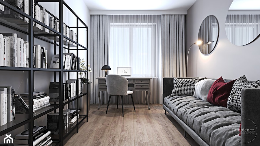 Mieszkanie z bordowym akcentem - Średnie w osobnym pomieszczeniu z sofą białe szare biuro, styl nowoczesny - zdjęcie od Ambience. Interior design