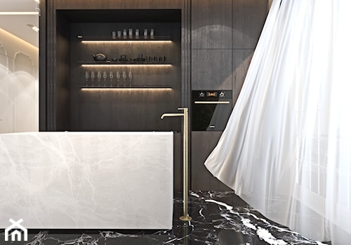 Luksusowy apartament dla singla - Mała otwarta biała czarna z zabudowaną lodówką kuchnia jednorzędowa z wyspą lub półwyspem z oknem z marmurową podłogą, styl nowoczesny - zdjęcie od Ambience. Interior design