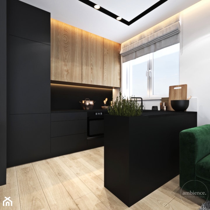 Mieszkanie z zielonym akcentem - Średnia otwarta z salonem z kamiennym blatem biała czarna z zabudowaną lodówką kuchnia w kształcie litery u, styl nowoczesny - zdjęcie od Ambience. Interior design