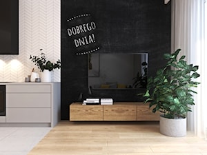 Ciepłe mieszkanie w nowoczesnym stylu - Średni czarny szary salon z kuchnią, styl nowoczesny - zdjęcie od Ambience. Interior design