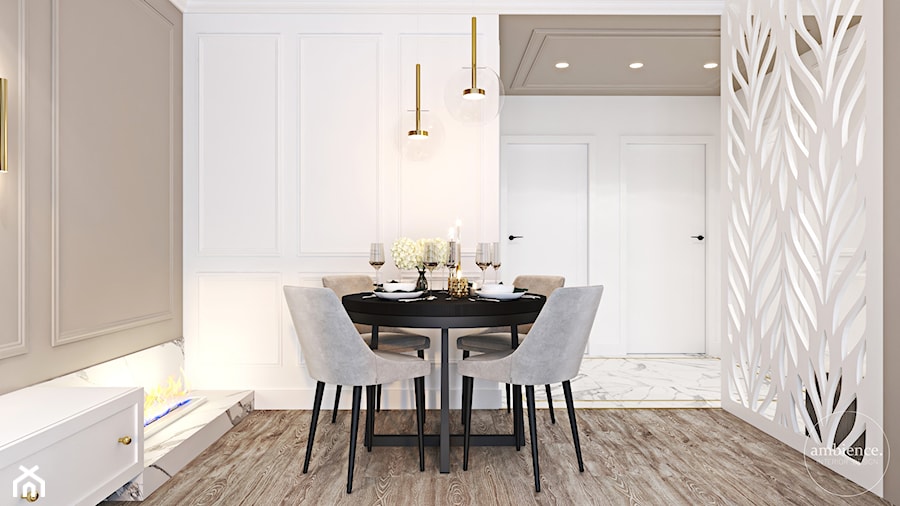 Z nutą stylu amerykańskiego - Duża biała szara jadalnia jako osobne pomieszczenie, styl glamour - zdjęcie od Ambience. Interior design