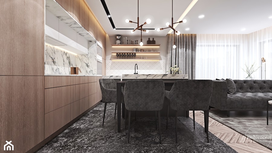 Apartament w Londynie - strefa dzienna - Duża otwarta z salonem szara z zabudowaną lodówką kuchnia dwurzędowa z wyspą lub półwyspem z oknem z marmurem nad blatem kuchennym, styl nowoczesny - zdjęcie od Ambience. Interior design