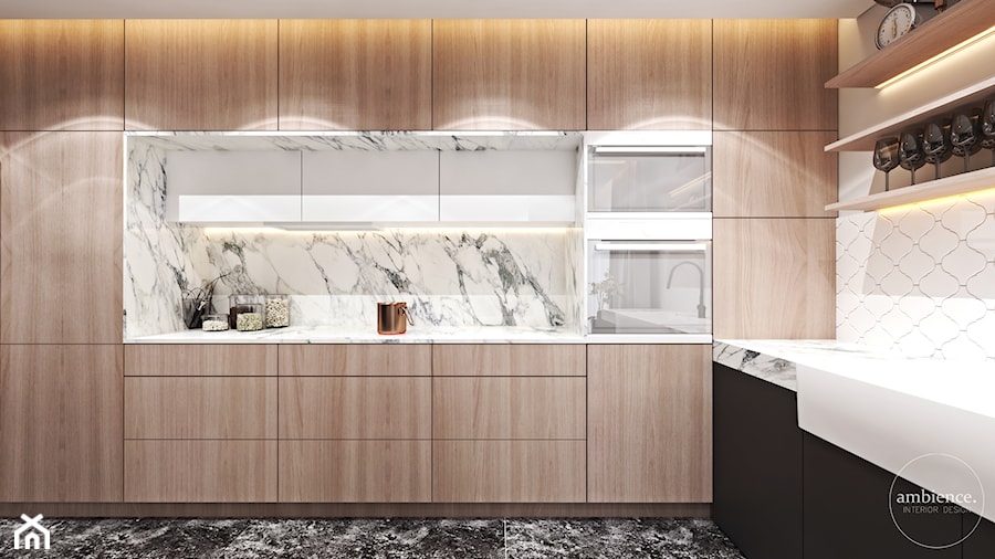 Apartament w Londynie - strefa dzienna - Średnia zamknięta szara z zabudowaną lodówką z nablatowym zlewozmywakiem kuchnia w kształcie litery l z marmurem nad blatem kuchennym z marmurową podłogą, styl nowoczesny - zdjęcie od Ambience. Interior design
