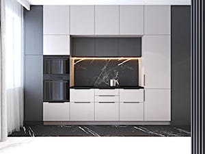 Mieszkanie w kolorze kaszmiru - Mała otwarta z kamiennym blatem czarna z zabudowaną lodówką kuchnia jednorzędowa z oknem z marmurem nad blatem kuchennym z marmurową podłogą, styl nowoczesny - zdjęcie od Ambience. Interior design