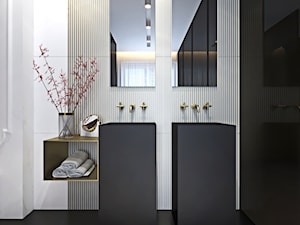 Luksusowy apartament dla singla - Mała z lustrem z dwoma umywalkami z marmurową podłogą z punktowym oświetleniem łazienka z oknem, styl nowoczesny - zdjęcie od Ambience. Interior design