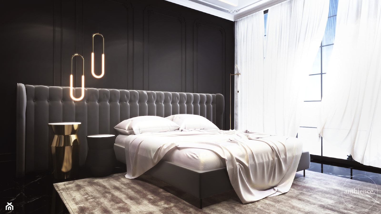 Luksusowa sypialnia z łazienką - Mała biała czarna sypialnia - zdjęcie od Ambience. Interior design - Homebook