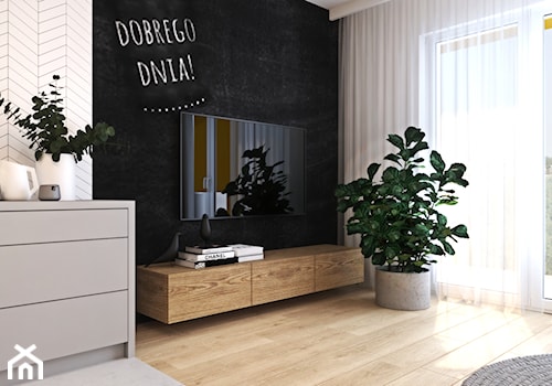 Ciepłe mieszkanie w nowoczesnym stylu - Mały czarny szary salon, styl nowoczesny - zdjęcie od Ambience. Interior design