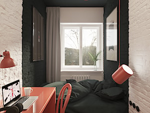 Sen w ramie - Łódź - Mała biała czarna z biurkiem sypialnia, styl industrialny - zdjęcie od NSKY architekci