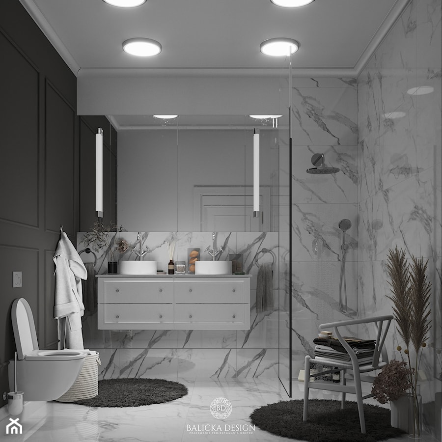 Zielona Gęś - Średnia bez okna z lustrem z dwoma umywalkami z marmurową podłogą łazienka, styl nowoczesny - zdjęcie od Balicka Design