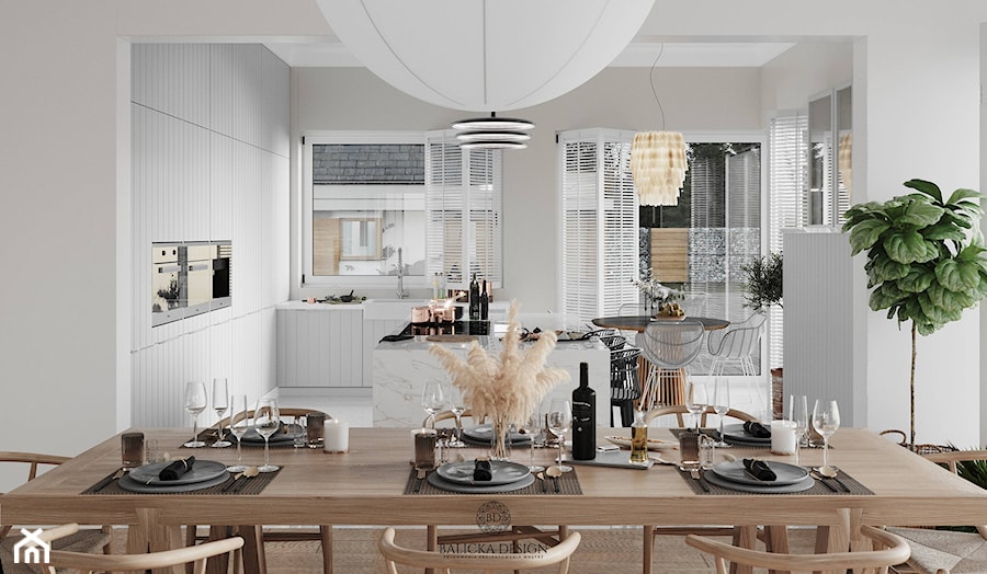Wakacyjne Marzenia - Średnia otwarta biała z zabudowaną lodówką kuchnia w kształcie litery l z oknem z marmurową podłogą, styl nowoczesny - zdjęcie od Balicka Design