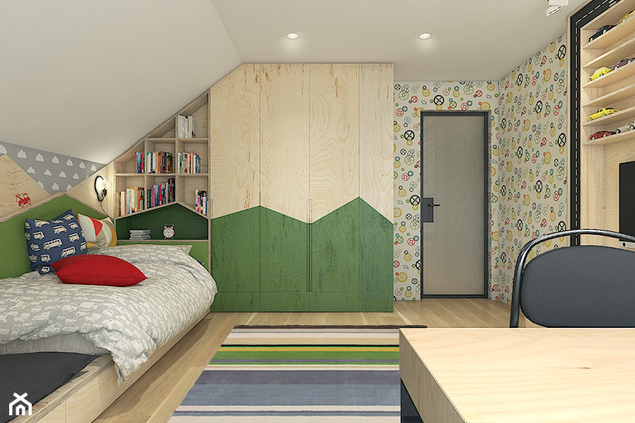 Dom pod Krakowem - przestrzeń zupełna - Średni biały szary zielony z panelami tapicerowanymi pokój dziecka dla nastolatka dla chłopca - zdjęcie od WERDHOME