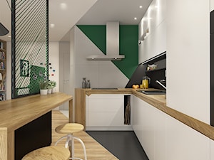 Trzy kąty - mieszkanie w Krakowie - Mała z salonem biała czarna szara zielona z zabudowaną lodówką z podblatowym zlewozmywakiem kuchnia w kształcie litery l z wyspą lub półwyspem, styl nowoczesny - zdjęcie od WERDHOME