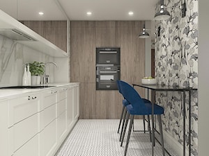 Mieszkanie w stylu nowojorskim - Średnia otwarta z salonem szara z zabudowaną lodówką z podblatowym zlewozmywakiem kuchnia w kształcie litery l z marmurem nad blatem kuchennym, styl glamour - zdjęcie od WERDHOME