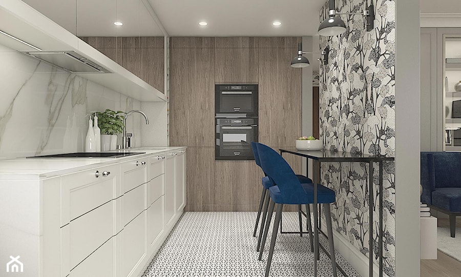 Mieszkanie w stylu nowojorskim - Średnia otwarta z salonem szara z zabudowaną lodówką z podblatowym zlewozmywakiem kuchnia w kształcie litery l z marmurem nad blatem kuchennym, styl glamour - zdjęcie od WERDHOME