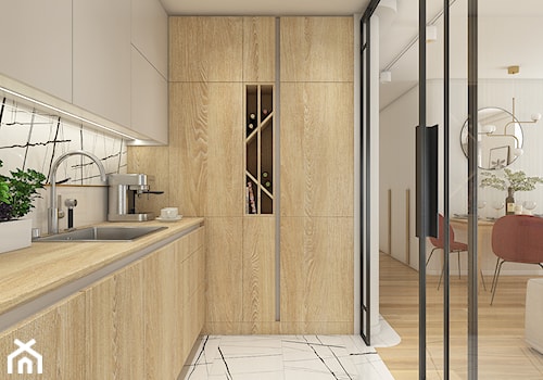 Mieszkanie w krakowie 50 m2 - Mała otwarta z salonem szara z zabudowaną lodówką z lodówką wolnostojącą z nablatowym zlewozmywakiem kuchnia w kształcie litery l, styl nowoczesny - zdjęcie od WERDHOME
