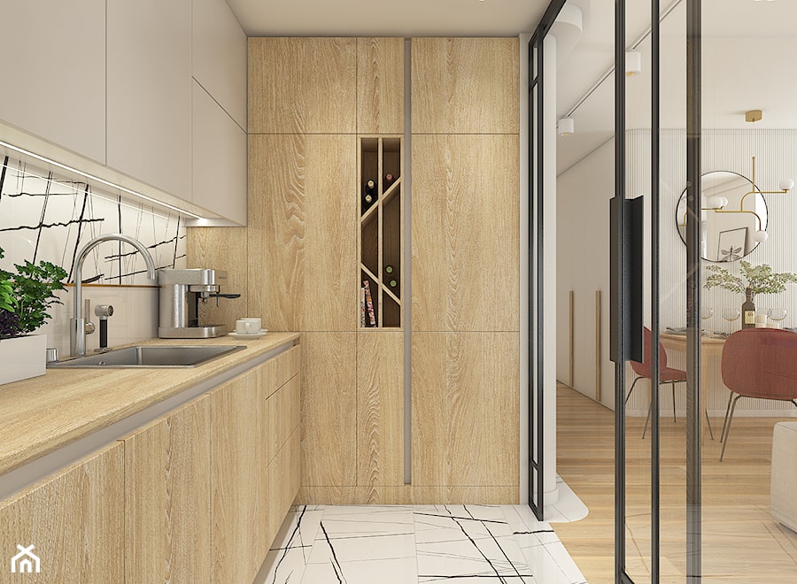 Mieszkanie w krakowie 50 m2 - Mała otwarta z salonem szara z zabudowaną lodówką z lodówką wolnostojącą z nablatowym zlewozmywakiem kuchnia w kształcie litery l, styl nowoczesny - zdjęcie od WERDHOME