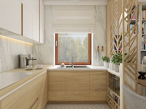 Apartament - Kraków - Średnia otwarta z salonem z zabudowaną lodówką z nablatowym zlewozmywakiem kuchnia w kształcie litery u z oknem z marmurem nad blatem kuchennym, styl nowoczesny - zdjęcie od WERDHOME