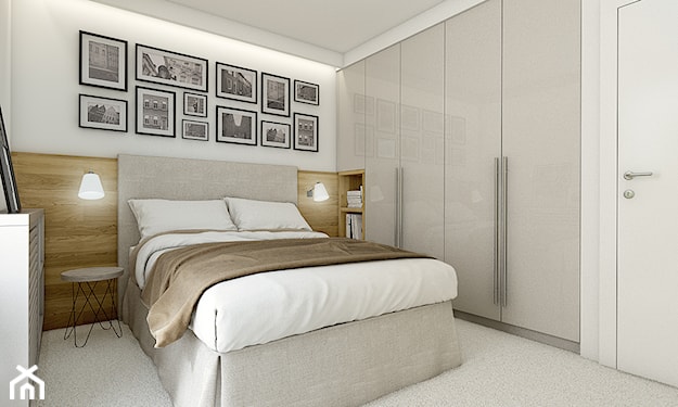 minimalistyczna sypialnia, lampy ścienne z białym abażurem, beżowy dywan