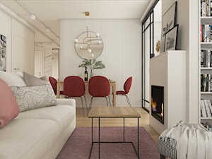 Mieszkanie w krakowie 50 m2 - Średni biały salon z jadalnią z tarasem / balkonem z bibiloteczką, styl nowoczesny - zdjęcie od WERDHOME