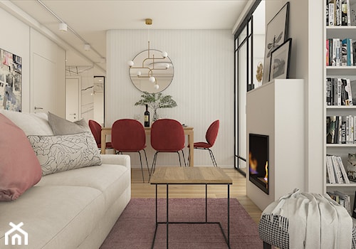 Mieszkanie w krakowie 50 m2 - Średni biały salon z jadalnią z tarasem / balkonem z bibiloteczką, styl nowoczesny - zdjęcie od WERDHOME
