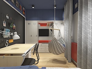 Dwa światy - Mały średni biały czarny niebieski pokój dziecka dla nastolatka dla chłopca, styl nowoczesny - zdjęcie od WERDHOME