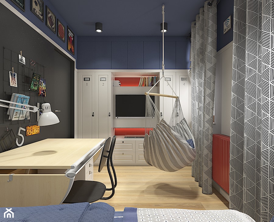 Dwa światy - Mały średni biały czarny niebieski pokój dziecka dla nastolatka dla chłopca, styl nowoczesny - zdjęcie od WERDHOME