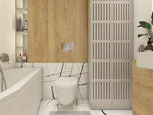 Mieszkanie w krakowie 50 m2 - Mała bez okna z lustrem z marmurową podłogą łazienka, styl nowoczesny - zdjęcie od WERDHOME