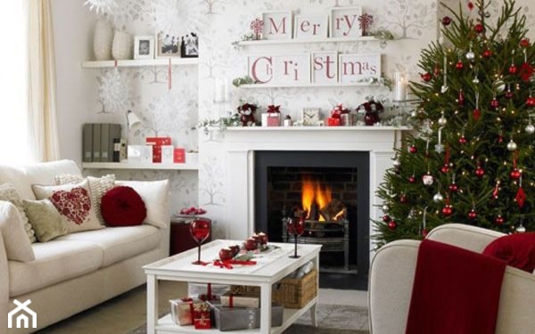 czerwono-biała świąteczna dekoracja w stylu scandi