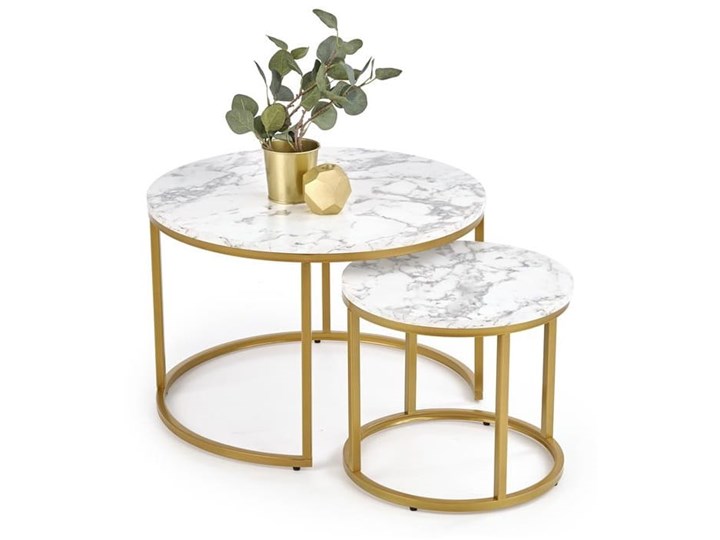 Okrągłe stoliki kawowe marmur + złoto glamour Płyta MDF Wysokość 38 cm Stal Zestaw stolików Wysokość 40 cm Rozmiar blatu 38x38 cm