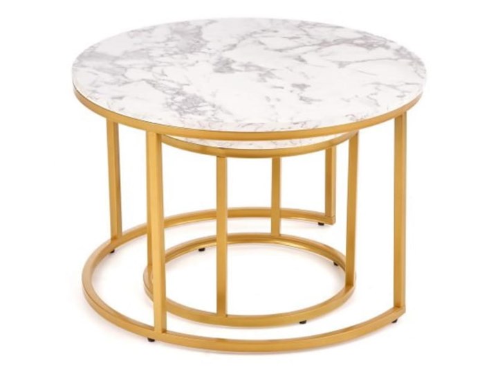 Okrągłe stoliki kawowe marmur + złoto glamour Stal Płyta MDF Kolor Złoty Zestaw stolików Wysokość 38 cm Wysokość 40 cm Styl Minimalistyczny