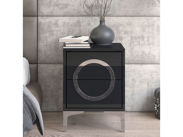 Czarna nowoczesna szafka nocna EVA / wysoki połysk Płyta meblowa Szkło Płyta MDF Metal Stal Płyta laminowana Styl Nowoczesny Pomieszczenie Salon