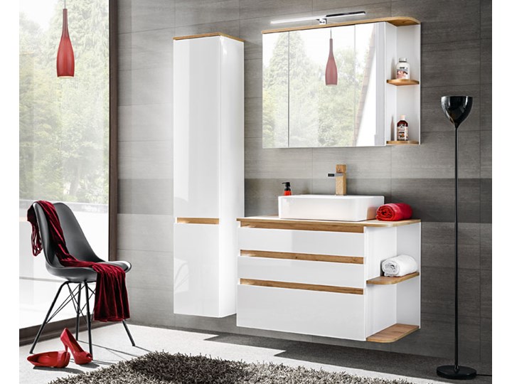 Szafka pod umywalkę z szufladami - Sewilla 3X Biały połysk Kolor Szary Wiszące Głębokość 50 cm Wysokość 64 cm Szerokość 94 cm Kategoria Szafki stojące