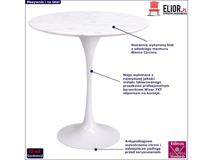 Okrągły biały stół marmurowy - Gobleto 4X Styl Glamour Długość 50 cm Szerokość 50 cm Rozkładanie