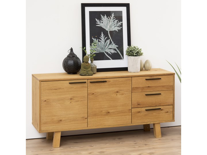 SELSEY Komoda Patsi dwudrzwiowa z trzema szufladami Szerokość 155 cm Styl Nowoczesny Wysokość 71 cm Lustro Szerokość 150 cm Z szafkami Głębokość 40 cm Drewno Kategoria Komody