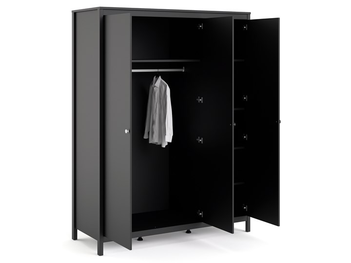 Trzydrzwiowa szafa ubraniowa w kolorze czarnym Madrid 3D Wysokość 199 cm Ilość drzwi Trzydrzwiowe Szerokość 150 cm Głębokość 58 cm Kategoria Szafy do garderoby