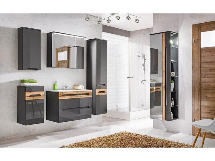 Podwieszana szafka pod umywalkę z szufladami - Marbella 4X Grafit połysk 80 cm Wiszące Głębokość 46 cm Wysokość 57 cm Wykończenie Błyszczące Styl Industrialny