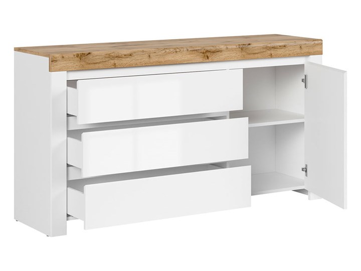 Komoda Holten - Kolor: Biały/Dąb Wotan/Biały Połysk - Black Red White - BRW Drewno Płyta laminowana Pomieszczenie Salon Płyta MDF Styl Nowoczesny
