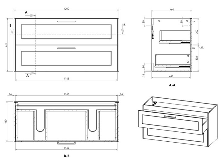 Grafitowa industrialna szafka pod umywalkę - Saloma 3X 120 cm Stojące Wysokość 61 cm Głębokość 46 cm Kolor Beżowy Kolor Szary