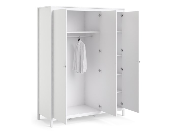 Trzydrzwiowa szafa ubraniowa na nóżkach Madrid 3D biały mat Szerokość 150 cm Wysokość 199 cm Głębokość 58 cm Ilość drzwi Trzydrzwiowe