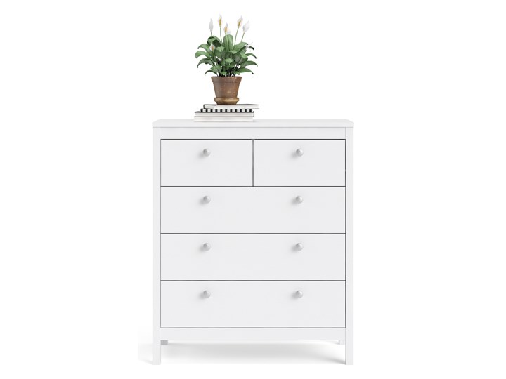 Funkcjonalna komoda pokojowa z szufladami Madrid 3+2 biały mat Głębokość 39 cm Wysokość 99 cm Płyta MDF Szerokość 82 cm Styl Prowansalski