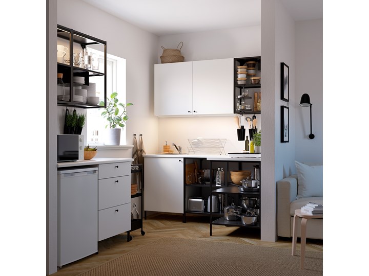 IKEA ENHET Kuchnia narożna, antracyt/biały, Wysokość szafka wisząca: 75 cm